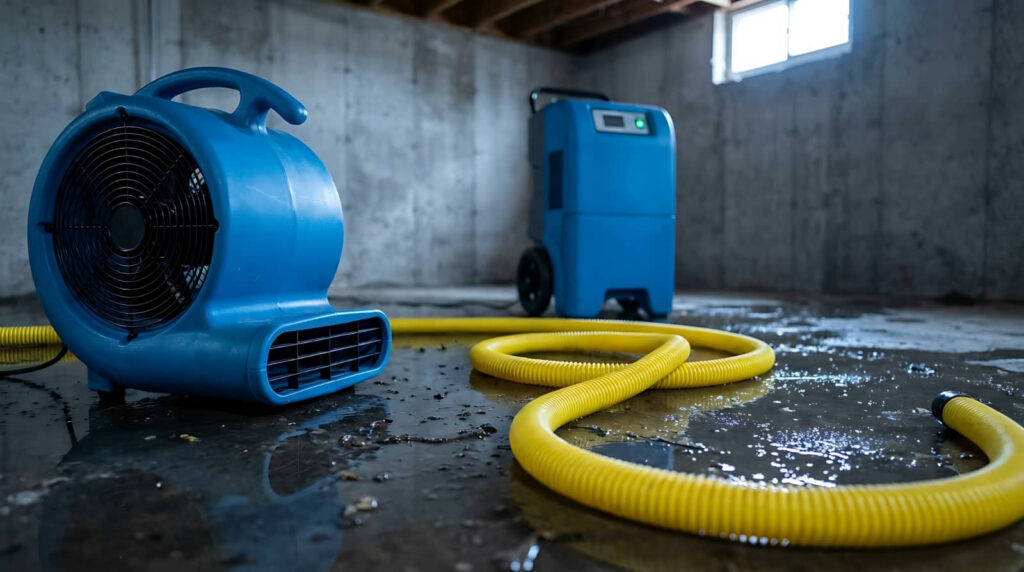 Blue industrial fans and yellow hoses in a flooded basement.
