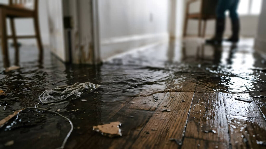 Flooded hardwood floor with standing water and a soaked towel indoors.