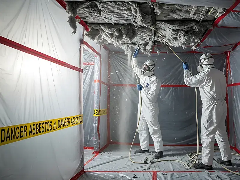 Workers in protective suits remove asbestos from a sealed room.