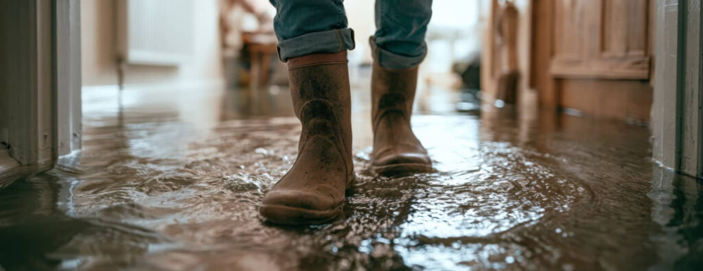 Person walking through flooded hallway in boots