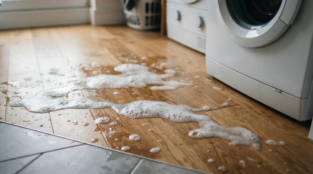 Foamy water spilled on a laundry room floor beside a washing machine.