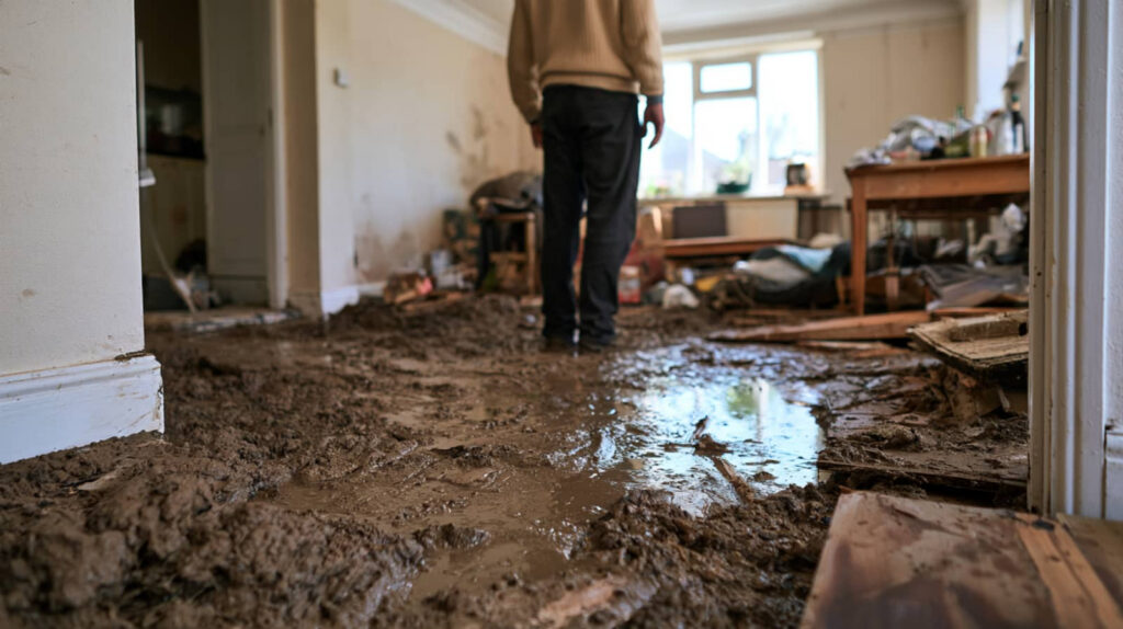 Mud-covered flooded room with a person standing inside.
