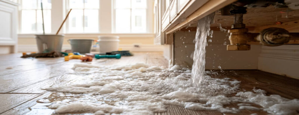 Water flooding a kitchen floor from a leaking sink pipe.