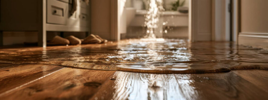 Flooded wooden floor with water pouring into a hallway.