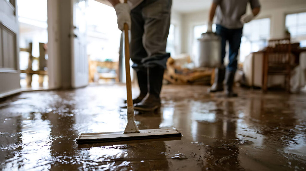 Workers squeegee muddy water from a flooded room.