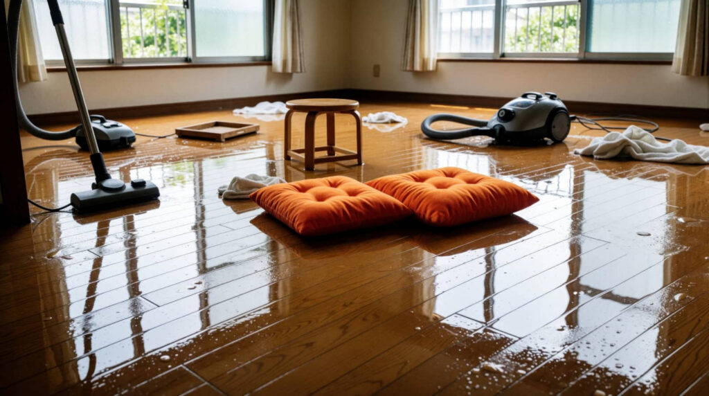Wet hardwood floor with cleaning vacuums, towels, and cushions in a room.