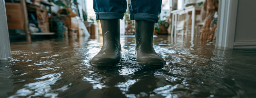 Rubber boots standing in floodwater indoors.