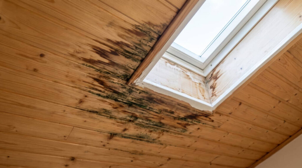 Wooden ceiling with mold and water damage around a skylight.