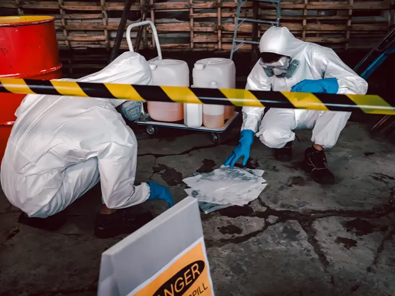 Hazmat workers cleaning a chemical spill behind caution tape.