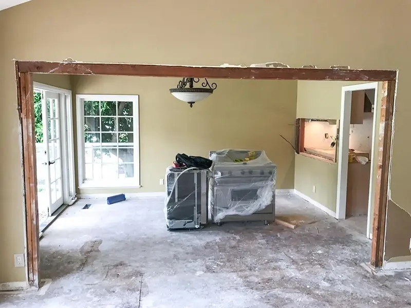 Partially demolished living room during renovation.