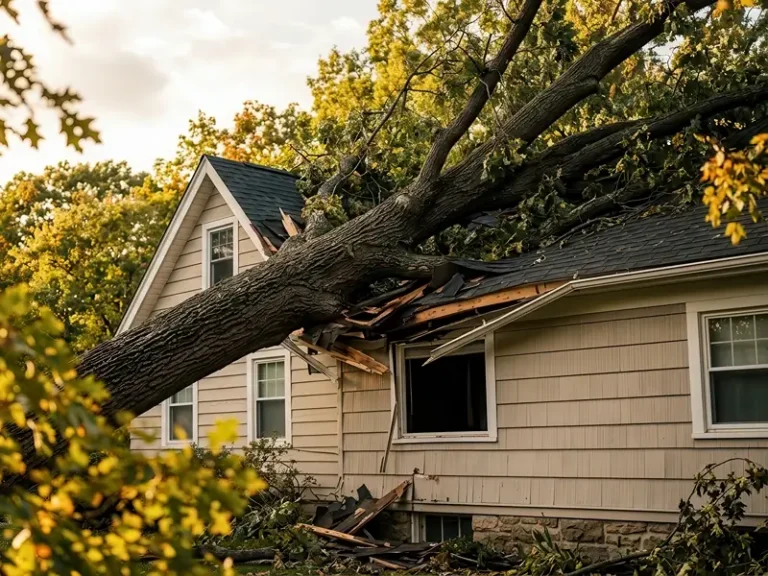 Fallen tree crushing a house roof.